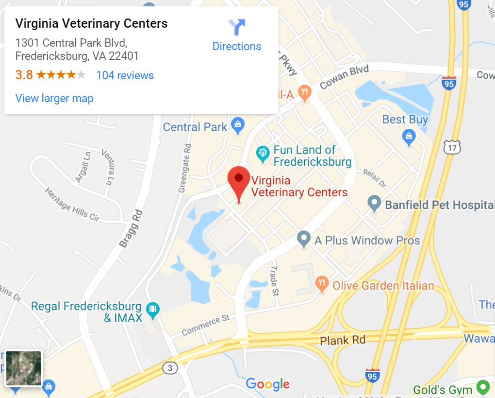 Map to Virginia Veterinary Centers in Fredericksburg, VA 